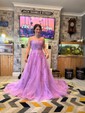 Ball Gown Scoop Neck Tulle Sweep Train Appliques Lace Prom Dresses