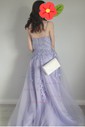 Ball Gown Scoop Neck Tulle Sweep Train Appliques Lace Prom Dresses