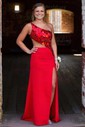 Trumpet/Mermaid One Shoulder Stretch Crepe Sweep Train Prom Dresses With Beading