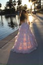 Ball Gown Sweetheart Tulle Sweep Train Prom Dresses With Appliques Lace