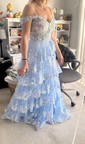 Ball Gown Sweetheart Tulle Sweep Train Prom Dresses With Appliques Lace