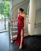 Sheath/Column Sweep Train One Shoulder Silk-like Satin Ruffles Prom Dresses