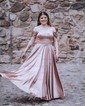 A-line Off-the-shoulder Silk-like Satin Sweep Train Prom Dresses With Ruched