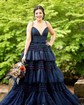 Ball Gown/Princess V-neck Tulle Glitter Sweep Train Prom Dresses With Tiered