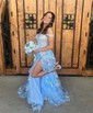 Ball Gown/Princess Off-the-shoulder Tulle Sweep Train Prom Dresses With Appliques Lace