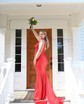 Trumpet/Mermaid V-neck Jersey Sweep Train Prom Dresses With Beading