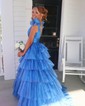 Ball Gown/Princess V-neck Glitter Sweep Train Prom Dresses With Tiered