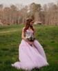 Ball Gown/Princess Sweetheart Tulle Sweep Train Prom Dresses With Appliques Lace