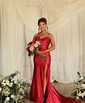 Sheath/Column Cowl Neck Silk-like Satin Sweep Train Prom Dresses With Appliques Lace