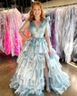 Ball Gown/Princess V-neck Glitter Sweep Train Prom Dresses With Tiered