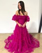 Ball Gown/Princess Off-the-shoulder Tulle Court Train Prom Dresses With Sashes / Ribbons