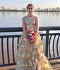 Ball Gown/Princess One Shoulder Tulle Sweep Train Prom Dresses With Appliques Lace