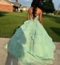 Ball Gown/Princess V-neck Organza Sweep Train Prom Dresses With Tiered