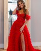 Ball Gown/Princess Off-the-shoulder Tulle Sweep Train Prom Dresses With Beading