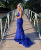 Trumpet/Mermaid Scoop Neck Tulle Sweep Train Appliques Lace Prom Dresses