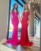 Sheath/Column V-neck Silk-like Satin Sweep Train Beading Prom Dresses