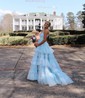 Ball Gown V-neck Tulle Glitter Sweep Train Tiered Prom Dresses