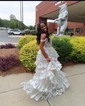 Ball Gown/Princess Off-the-shoulder Tulle Sweep Train Prom Dresses With Appliques Lace