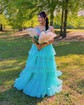 Ball Gown/Princess V-neck Tulle Glitter Sweep Train Prom Dresses With Tiered