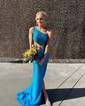 Trumpet/Mermaid One Shoulder Jersey Sweep Train Prom Dresses With Beading