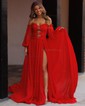 Ball Gown/Princess Off-the-shoulder Chiffon Court Train Prom Dresses With Beading