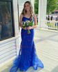 Trumpet/Mermaid Square Neckline Lace Tulle Sweep Train Prom Dresses With Appliques Lace