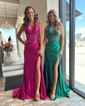 Trumpet/Mermaid Halter Silk-like Satin Sweep Train Prom Dresses With Ruched