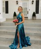 A-line Halter Metallic Floor-length Prom Dresses With Ruched