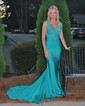 Trumpet/Mermaid V-neck Jersey Sweep Train Prom Dresses With Crystal Detailing