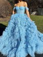 Ball Gown/Princess Off-the-shoulder Tulle Sweep Train Prom Dresses With Ruched