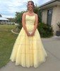 Ball Gown Scoop Neck Tulle Sweep Train Appliques Lace Prom Dresses