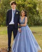 Ball Gown V-neck Tulle Sweep Train Prom Dresses With Appliques Lace