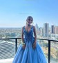 Ball Gown V-neck Tulle Sweep Train Prom Dresses With Appliques Lace