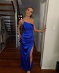 Sheath/Column One Shoulder Silk-like Satin Sweep Train Split Front Prom Dresses