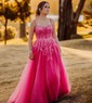 Ball Gown/Princess Square Neckline Tulle Glitter Sweep Train Prom Dresses With Split Front