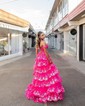 Ball Gown/Princess Off-the-shoulder Tulle Sweep Train Prom Dresses With Appliques Lace