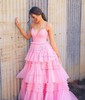 Ball Gown/Princess V-neck Tulle Glitter Sweep Train Prom Dresses With Tiered