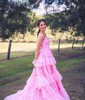 Ball Gown/Princess V-neck Tulle Glitter Sweep Train Prom Dresses With Tiered