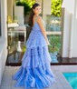 Ball Gown/Princess V-neck Tulle Glitter Sweep Train Prom Dresses With Tiered