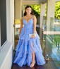 Ball Gown/Princess V-neck Tulle Glitter Sweep Train Prom Dresses With Tiered