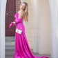 Sheath/Column Cowl Neck Silk-like Satin Sweep Train Prom Dresses With Appliques Lace