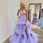 Ball Gown/Princess Sweetheart Tulle Glitter Sweep Train Prom Dresses With Appliques Lace