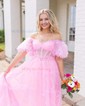 Ball Gown/Princess Off-the-shoulder Tulle Court Train Prom Dresses With Sashes / Ribbons