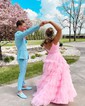 Ball Gown/Princess V-neck Tulle Glitter Sweep Train Prom Dresses With Tiered