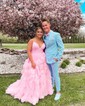 Ball Gown/Princess V-neck Tulle Glitter Sweep Train Prom Dresses With Tiered