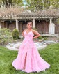 Ball Gown/Princess V-neck Tulle Glitter Sweep Train Prom Dresses With Tiered