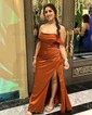 Sheath/Column Off-the-shoulder Silk-like Satin Floor-length Prom Dresses With Ruffles