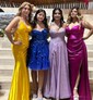 A-line Cowl Neck Glitter Sweep Train Prom Dresses With Pockets