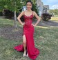 Trumpet/Mermaid V-neck Silk-like Satin Sweep Train Prom Dresses With Beading