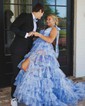 Ball Gown/Princess V-neck Tulle Sweep Train Prom Dresses With Tiered